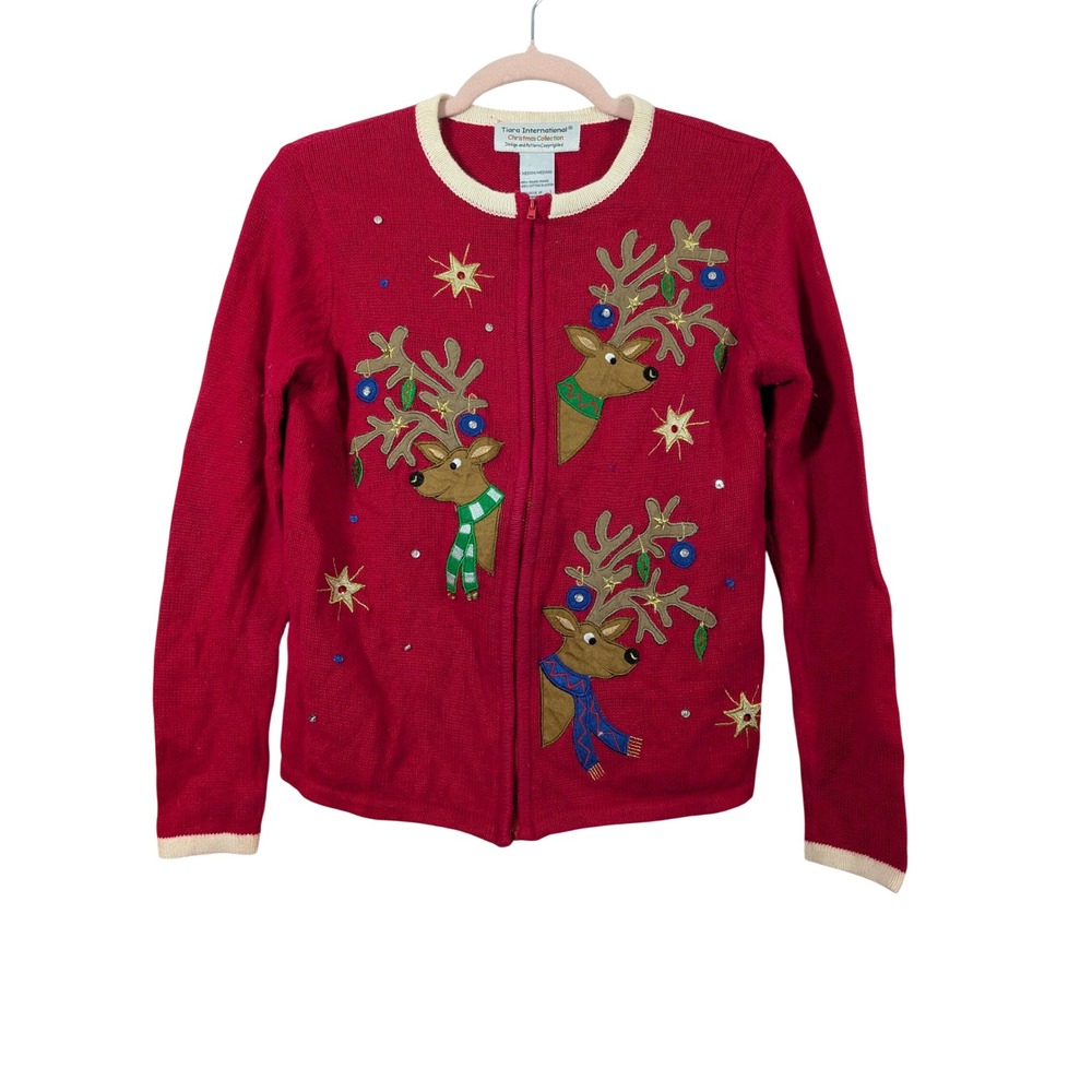 Tiara International Christmas Sweater Womens Medium Red Reindeer Zip Cardigan